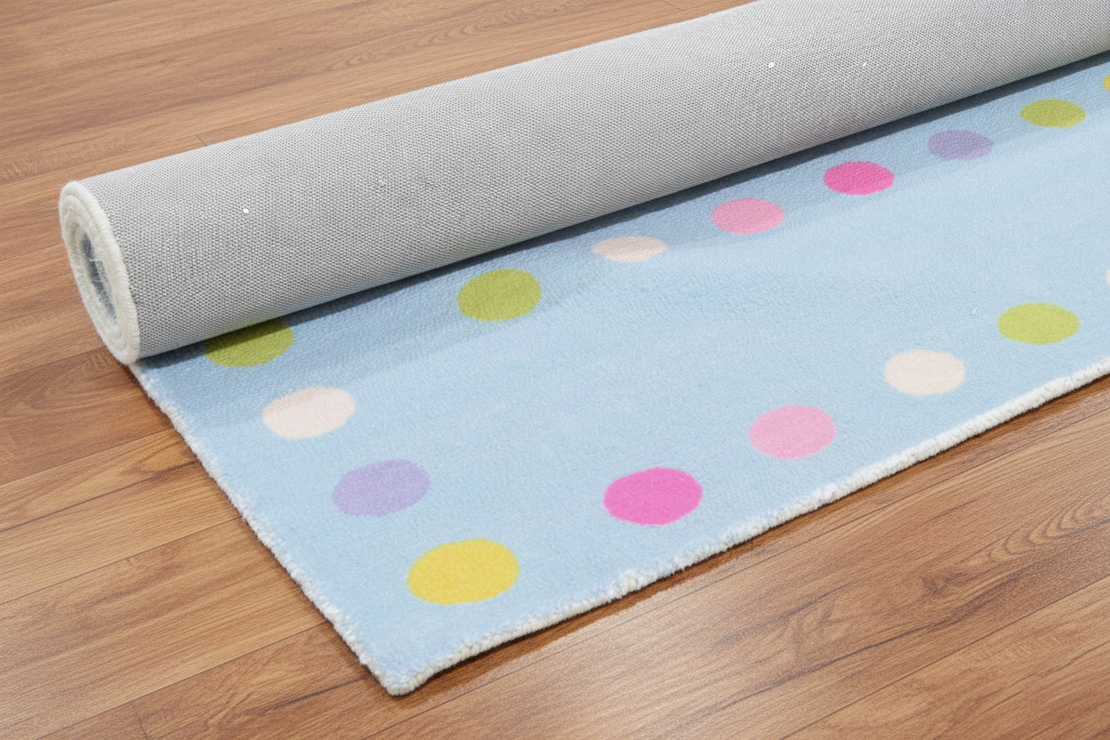 Celeste Blue Vibrant Polka Dot Border Nursery Kid's Room Rug   9014455828629