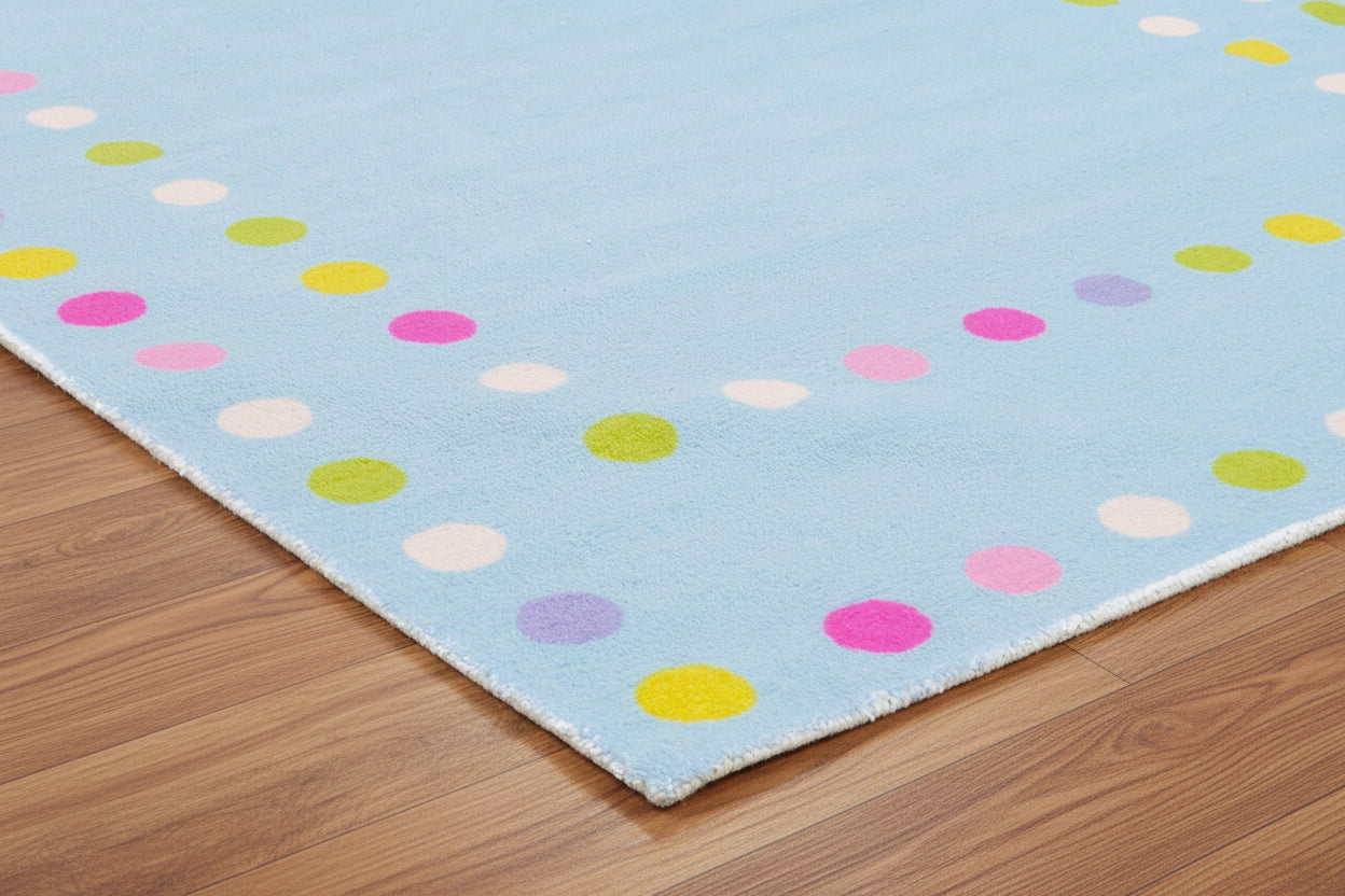 Celeste Blue Vibrant Polka Dot Border Nursery Kid's Room Rug   9014455828629