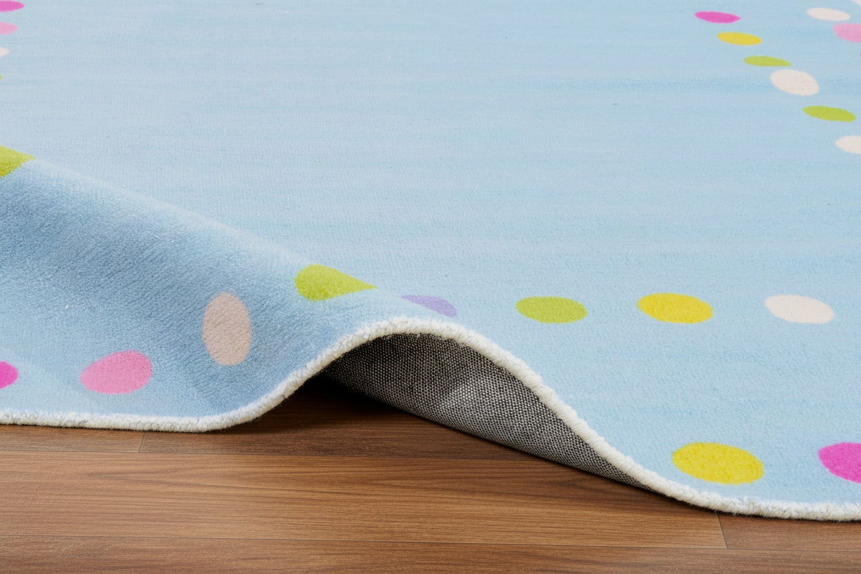 Celeste Blue Vibrant Polka Dot Border Nursery Kid's Room Rug   9014455828629