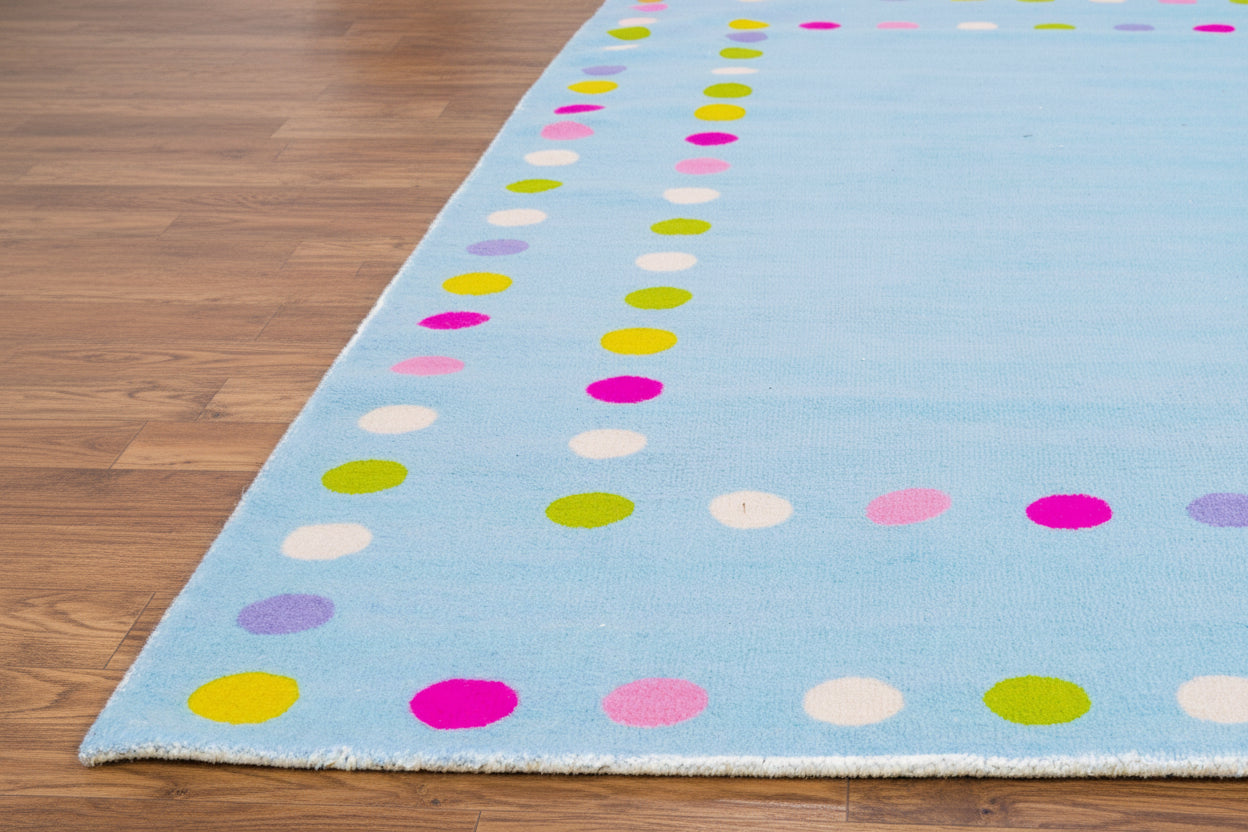 Celeste Blue Vibrant Polka Dot Border Nursery Kid's Room Rug   9014455828629