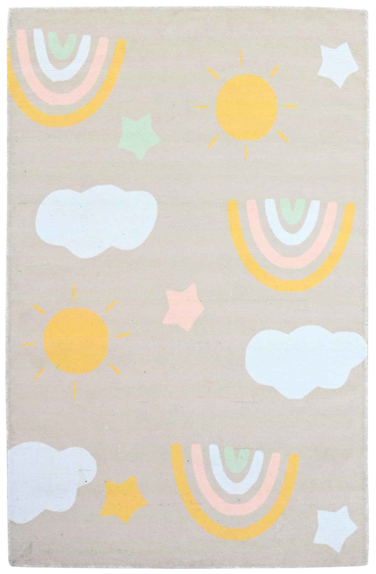 Celestial Rainbow Beige Handmade Kids Rug | Cloud, Sunshine Nursery Rug   9081802752149