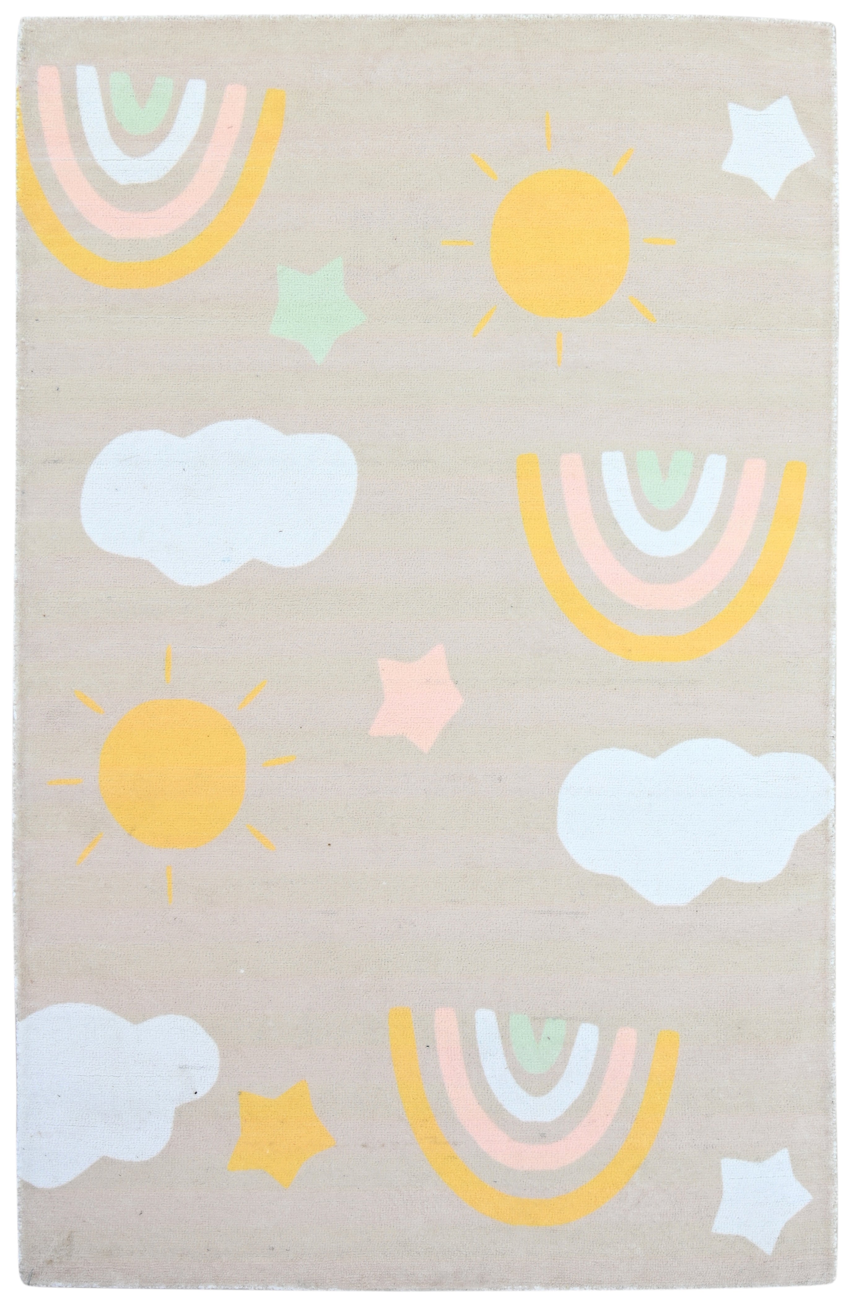 Celestial Rainbow Beige Handmade Kids Rug | Cloud, Sunshine Nursery Rug   9081802752149