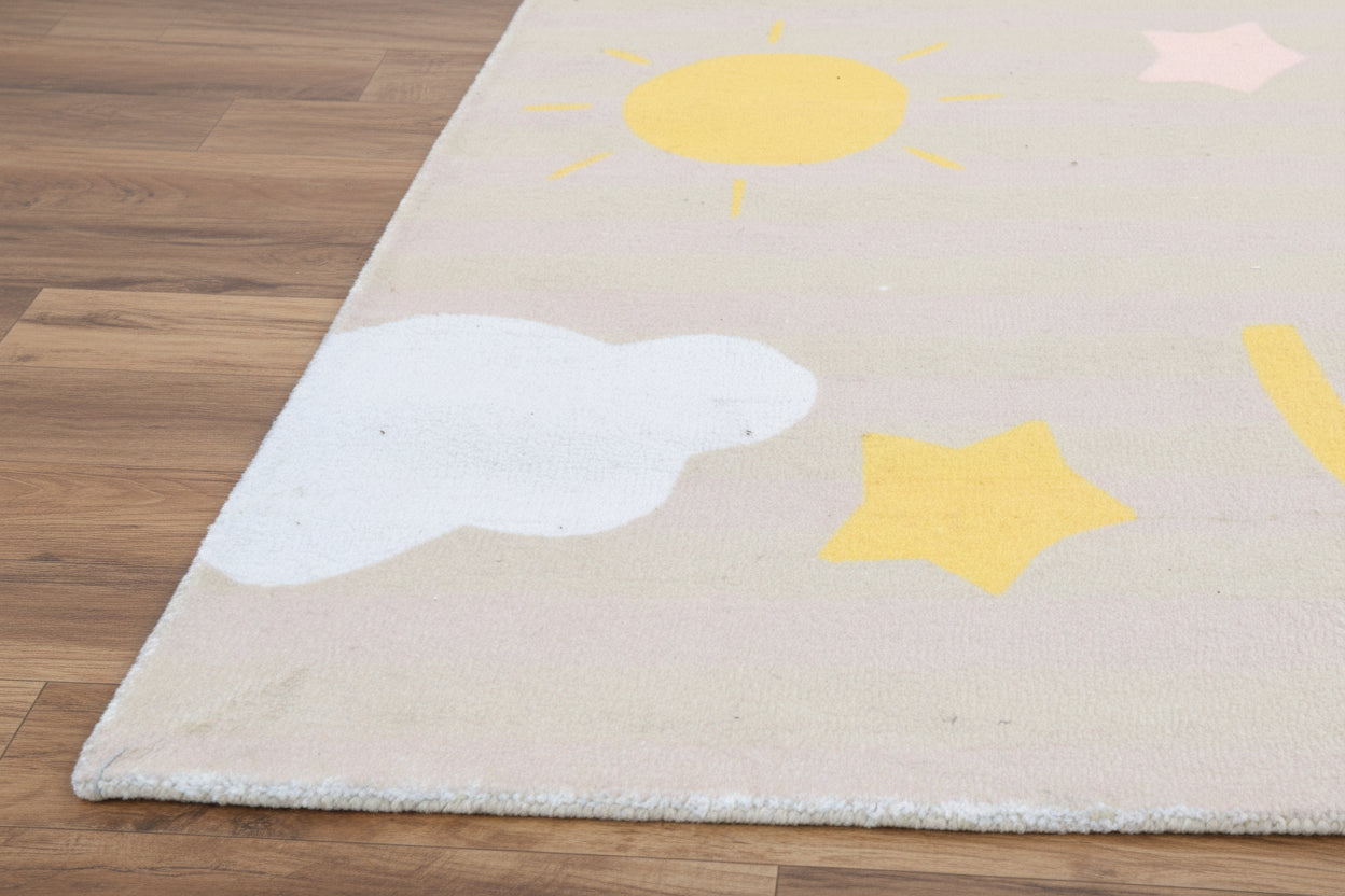 Celestial Rainbow Beige Handmade Kids Rug | Cloud, Sunshine Nursery Rug   9081802752149
