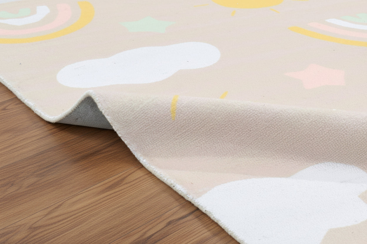 Celestial Rainbow Beige Handmade Kids Rug | Cloud, Sunshine Nursery Rug   9081802752149