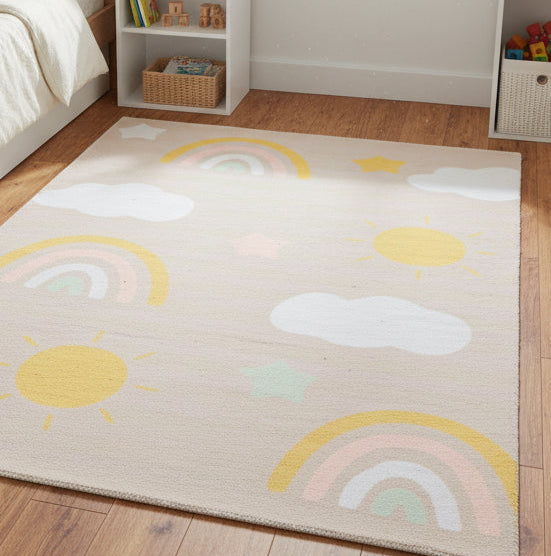 Celestial Rainbow Beige Handmade Kids Rug | Cloud, Sunshine Nursery Rug   9081802752149
