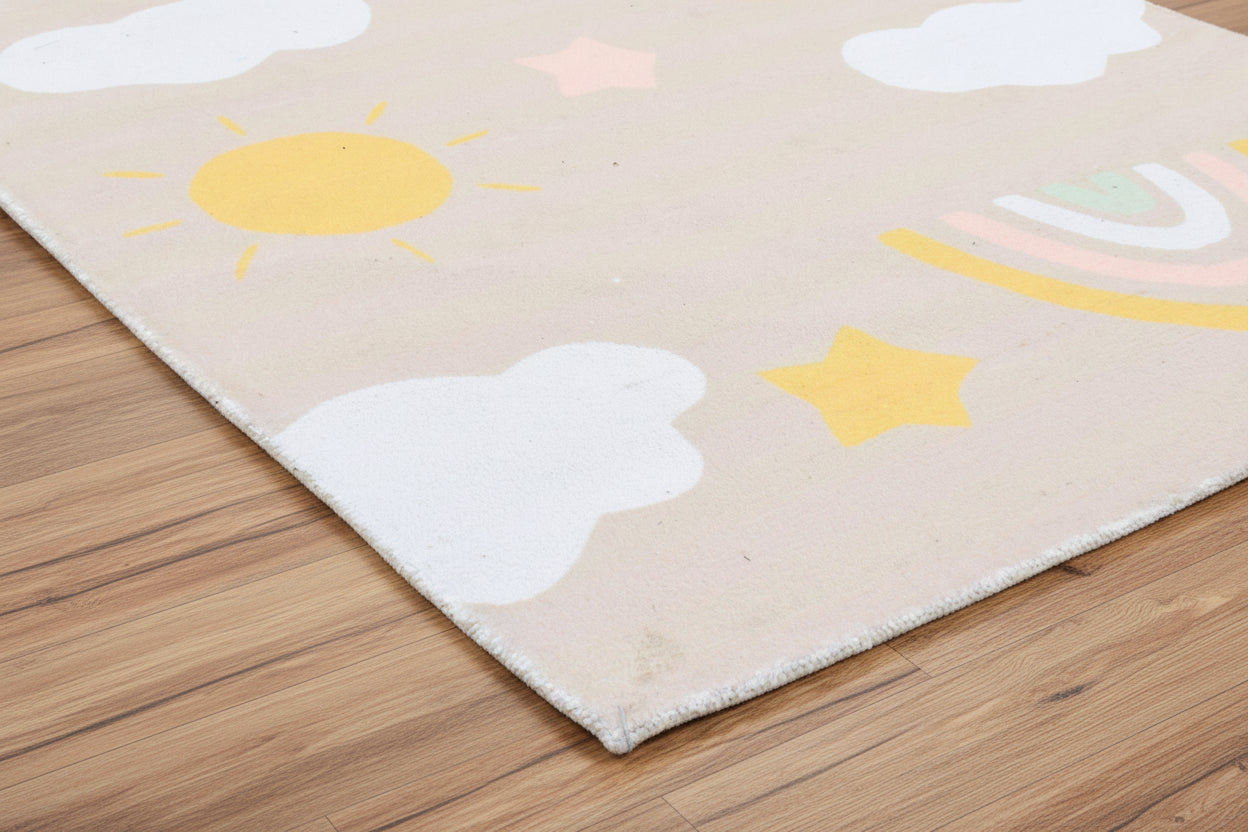Celestial Rainbow Beige Handmade Kids Rug | Cloud, Sunshine Nursery Rug   9081802752149