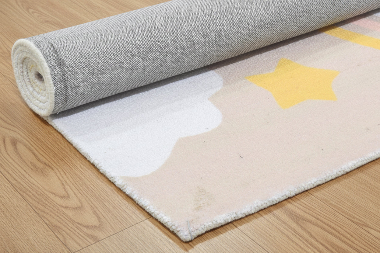 Celestial Rainbow Beige Handmade Kids Rug | Cloud, Sunshine Nursery Rug   9081802752149