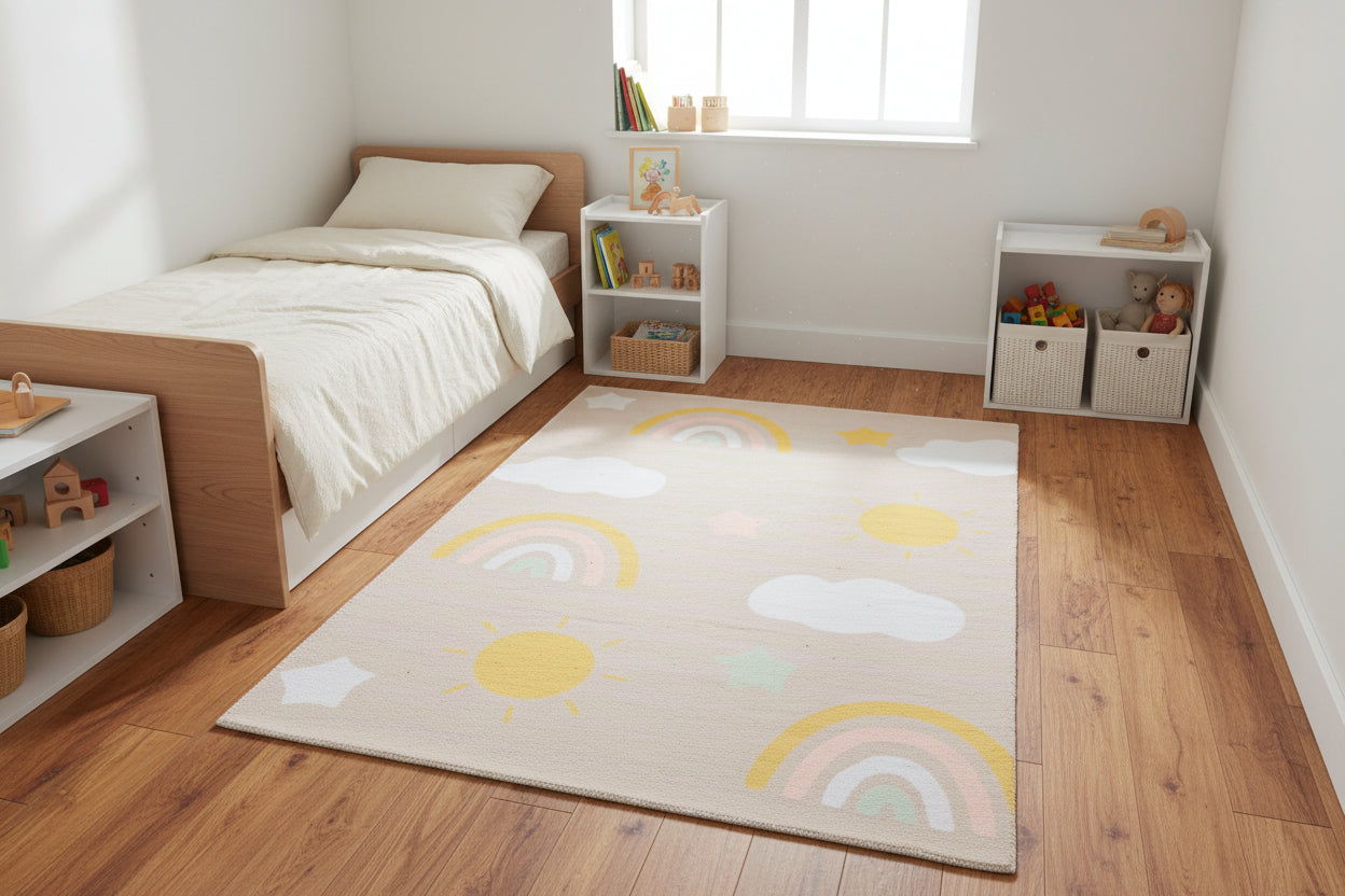 Celestial Rainbow Beige Handmade Kids Rug | Cloud, Sunshine Nursery Rug   9081802752149