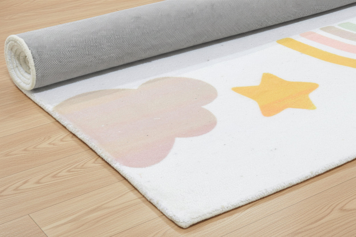 Celestial Rainbow Off White Handmade Kids Rug |Cloud, Sunshine Stars Nursery Rug   9080535613589
