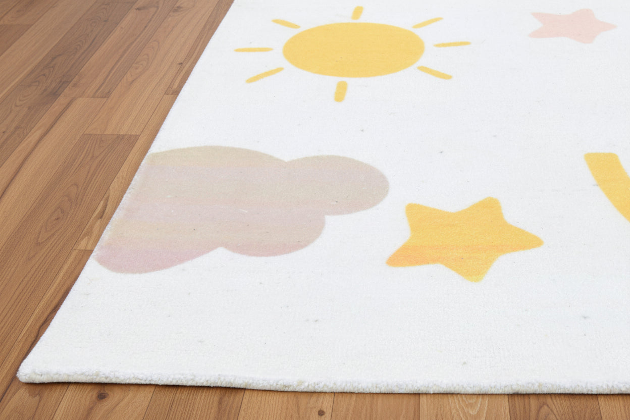 Celestial Rainbow Off White Handmade Kids Rug |Cloud, Sunshine Stars Nursery Rug   9080535613589