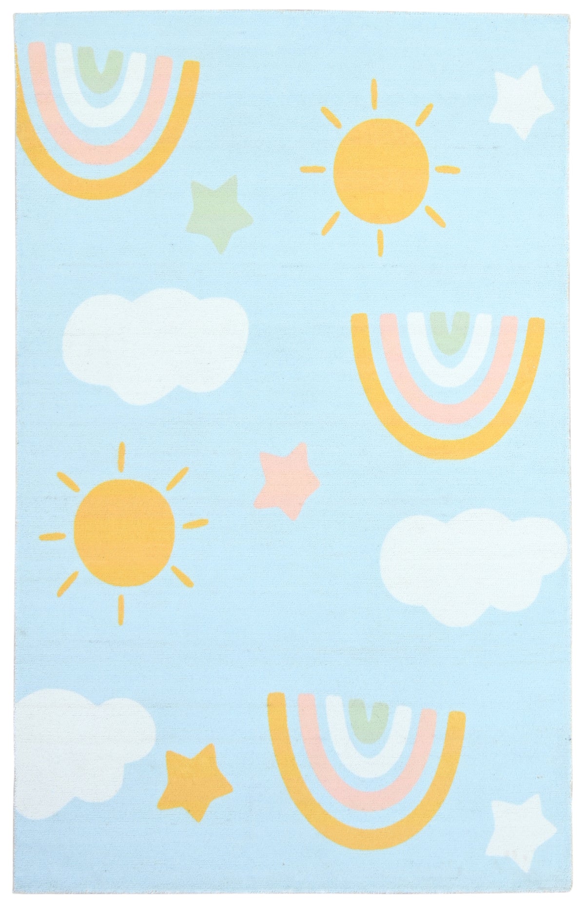 Celestial Rainbow Sky Blue Handmade Kids Rug – Cloud & Sunshine Nursery Rug   9080513331349