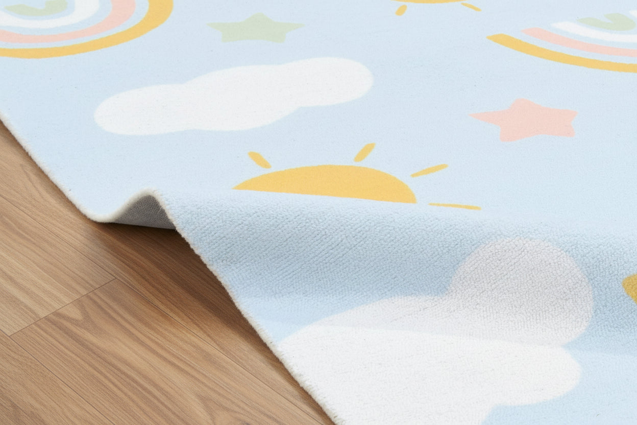 Celestial Rainbow Sky Blue Handmade Kids Rug – Cloud & Sunshine Nursery Rug   9080513331349