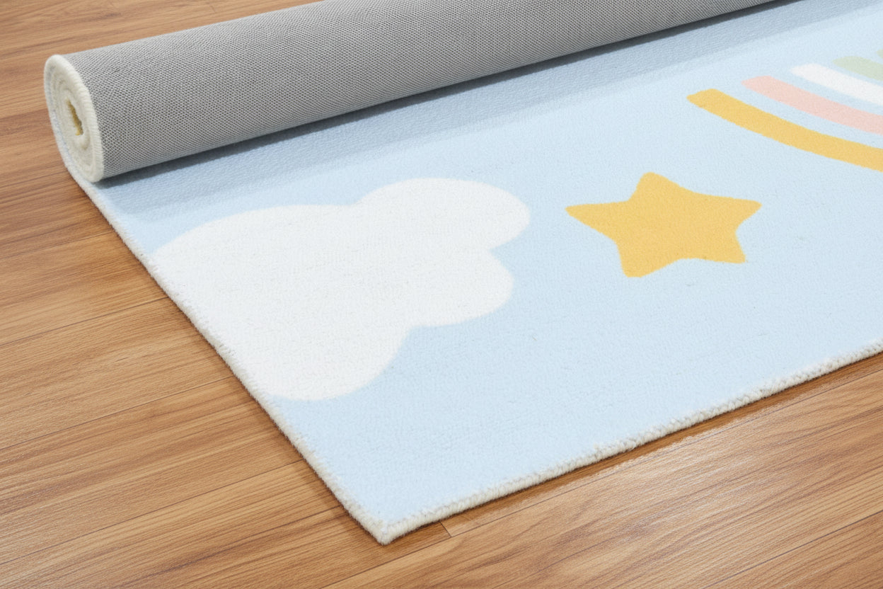 Celestial Rainbow Sky Blue Handmade Kids Rug – Cloud & Sunshine Nursery Rug   9080513331349