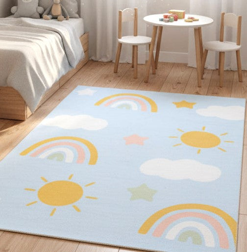 Celestial Rainbow Sky Blue Handmade Kids Rug – Cloud & Sunshine Nursery Rug   9080513331349