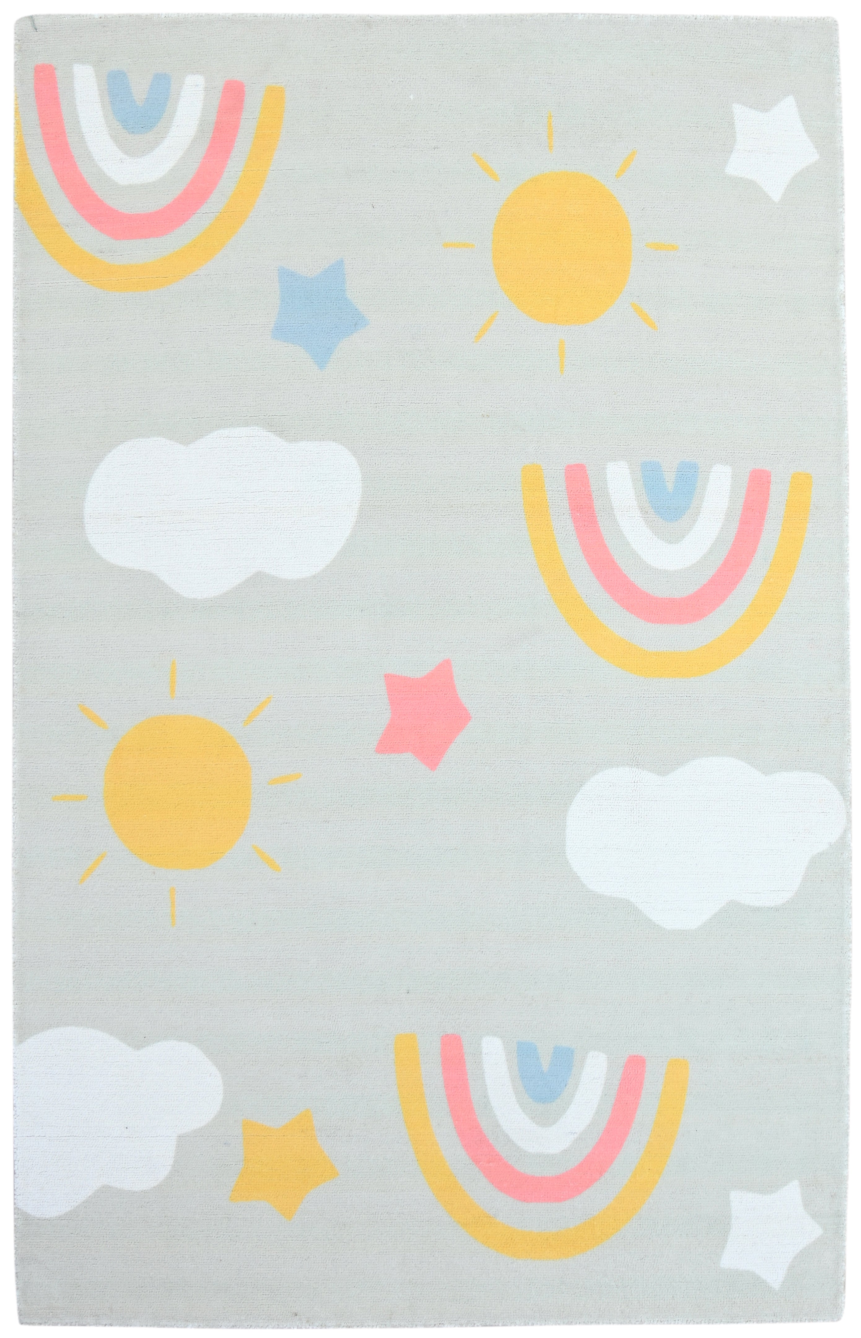 Celestial Rainbow Soft Sage Gray Kids Area Rug – Cloud & Sunshine Nursery Playroom Rug   9080506679445