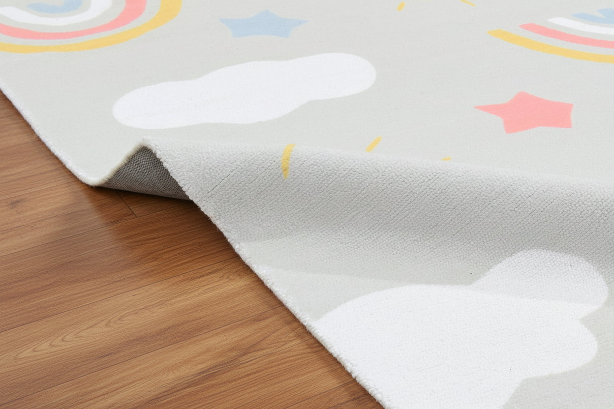 Celestial Rainbow Soft Sage Gray Kids Area Rug – Cloud & Sunshine Nursery Playroom Rug   9080506679445