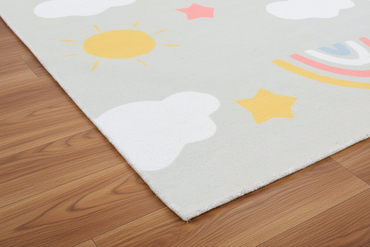 Celestial Rainbow Soft Sage Gray Kids Area Rug – Cloud & Sunshine Nursery Playroom Rug   9080506679445