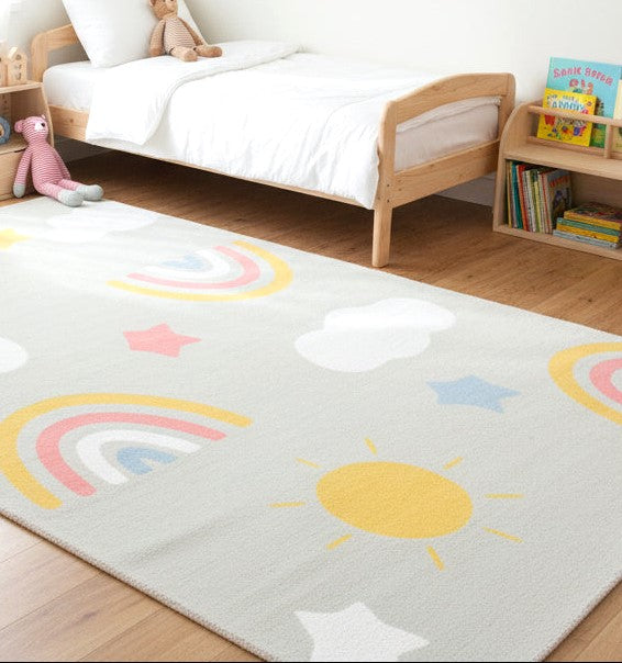 Celestial Rainbow Soft Sage Gray Kids Area Rug – Cloud & Sunshine Nursery Playroom Rug   9080506679445