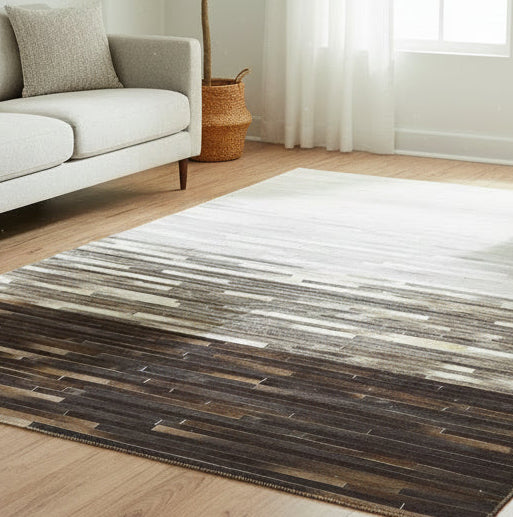 Chandal Handmade Grey & Charcoal Leather Rug – Striped Patchwork Cowhide Rug   9061014175893