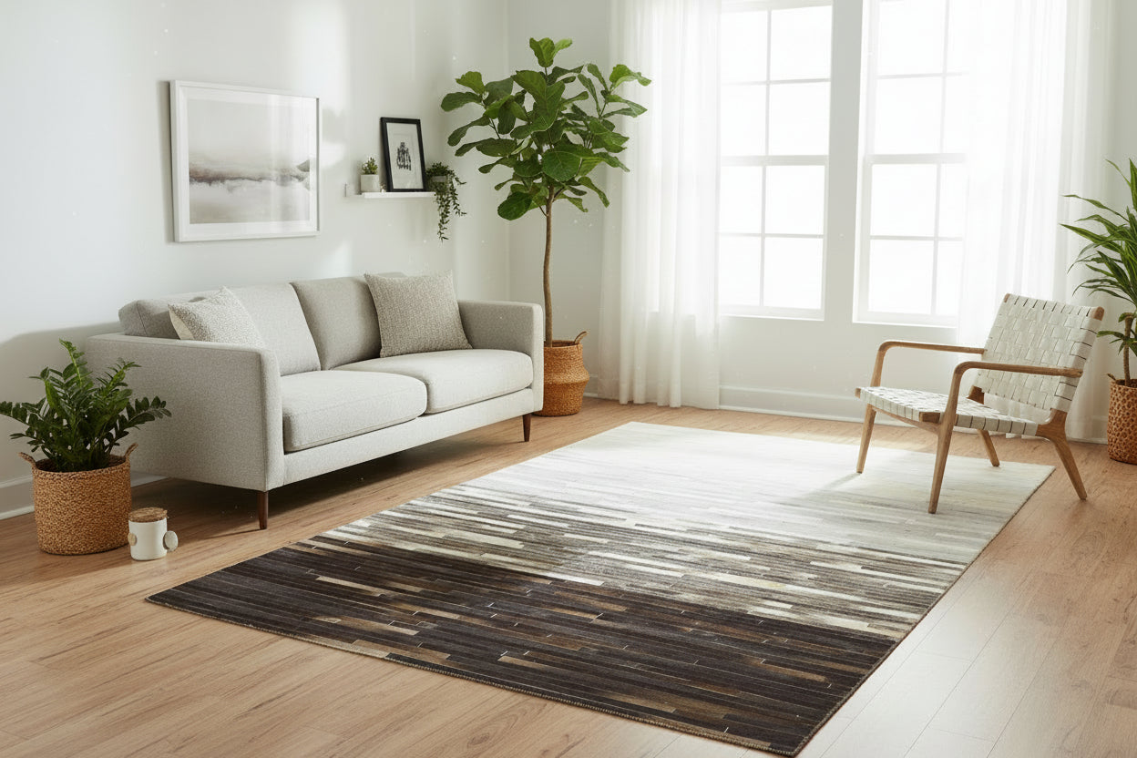 Chandal Handmade Grey & Charcoal Leather Rug – Striped Patchwork Cowhide Rug   9061014175893