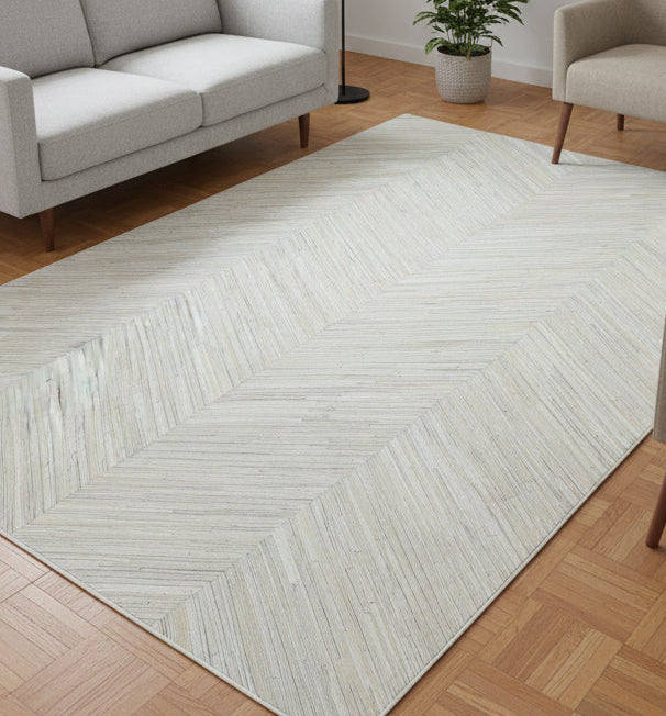 Chevron Handmade Patchwork Leather Ivory Rug - Modern Striped Cowhide Leather Rug   9065142812821