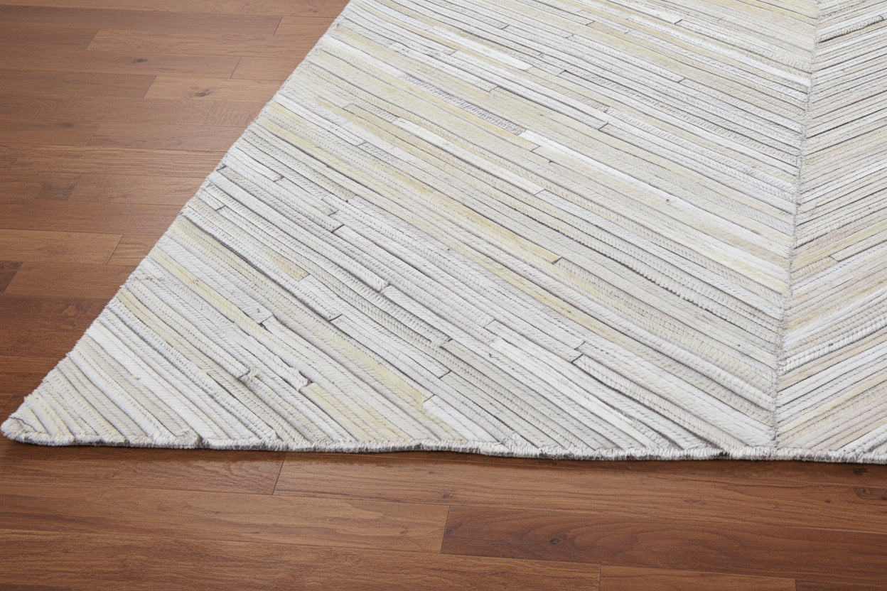 Chevron Handmade Patchwork Leather Ivory Rug - Modern Striped Cowhide Leather Rug   9065142812821
