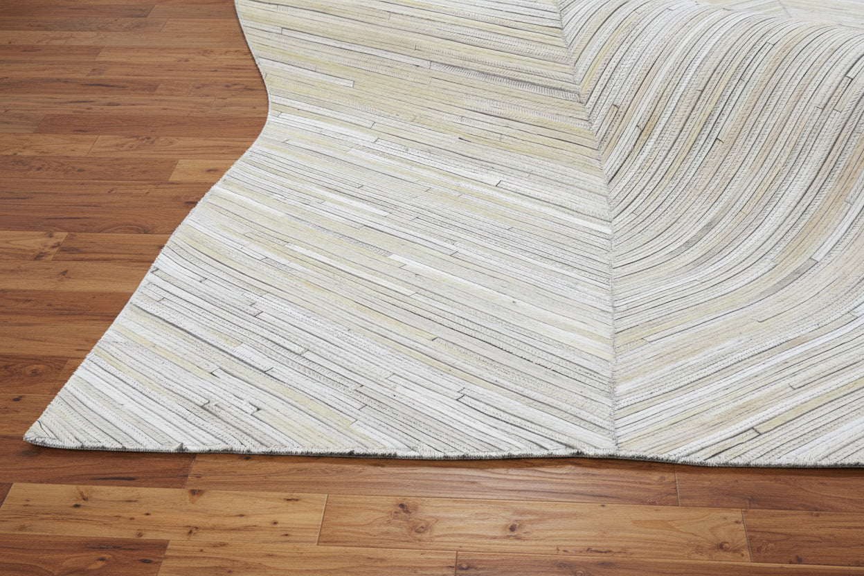 Chevron Handmade Patchwork Leather Ivory Rug - Modern Striped Cowhide Leather Rug   9065142812821
