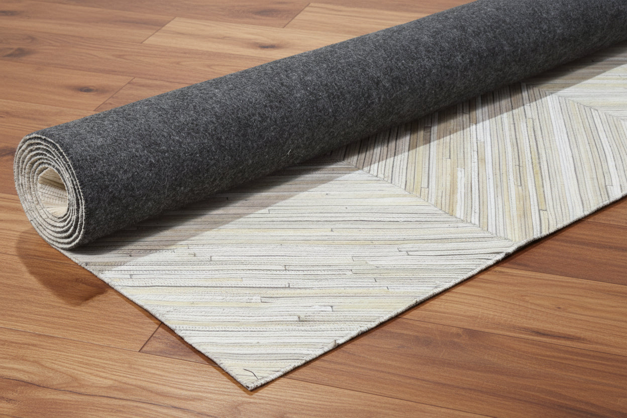 Chevron Handmade Patchwork Leather Ivory Rug - Modern Striped Cowhide Leather Rug   9065142812821