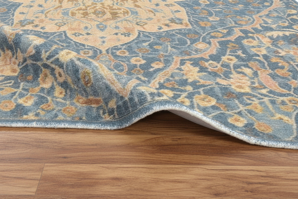 Corvina Handmade Slate Blue Distressed Rug – Modern Vintage Medallion Area Rug   9175418765461