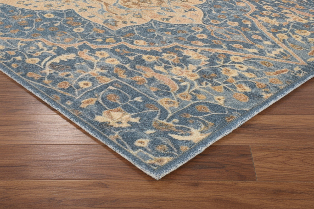 Corvina Handmade Slate Blue Distressed Rug – Modern Vintage Medallion Area Rug   9175418765461
