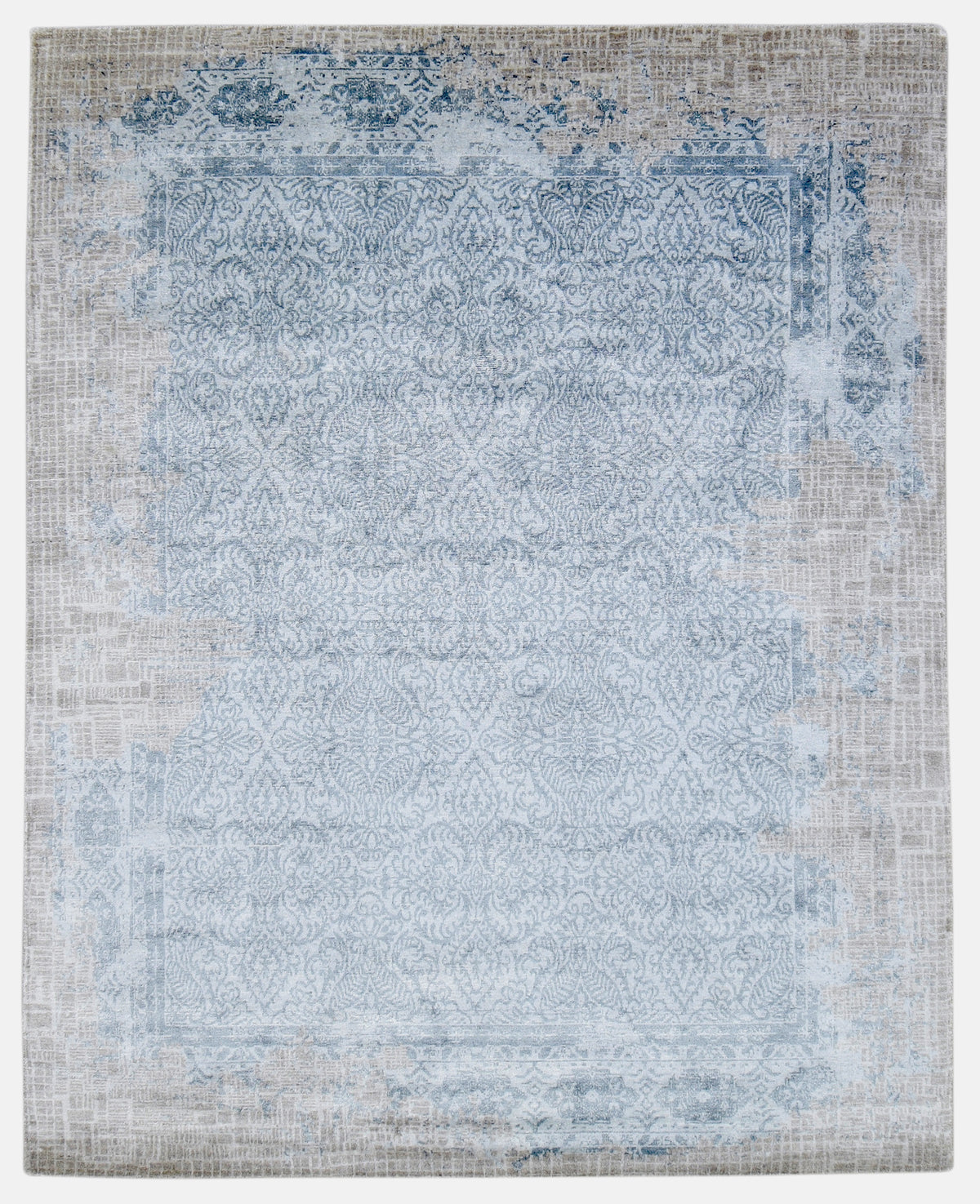 Daman Handmade Abstract Loom Knotted Hand Woven Silk Like Wool Viscose Beige Blue Rug   9016273862805