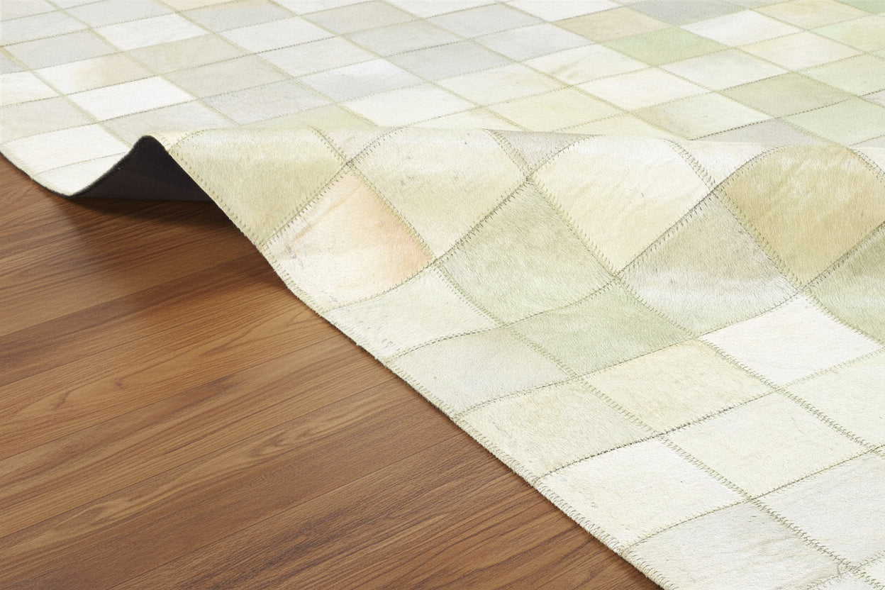 Dela Handmade Leather Cream Rug | Patchwork Chekered Blocks Area Rug   7864580374677