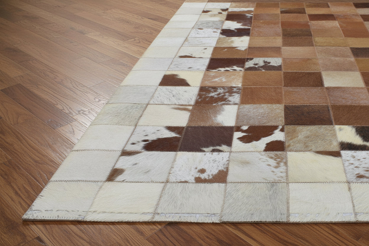 Deva Brown Handmade Leather Checkerboard Rug | Modern Patchwork Checkered Border Rug   7864582111381