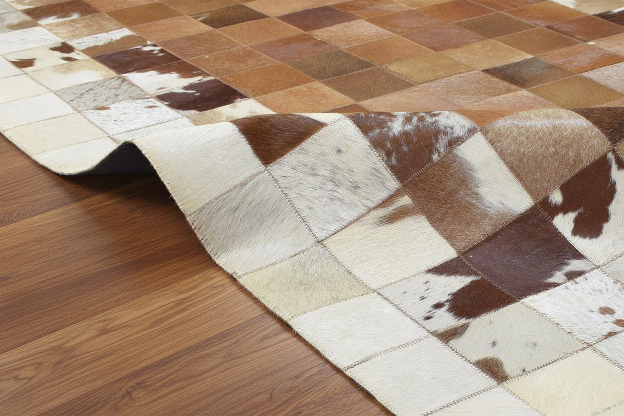 Deva Brown Handmade Leather Checkerboard Rug | Modern Patchwork Checkered Border Rug   7864582111381
