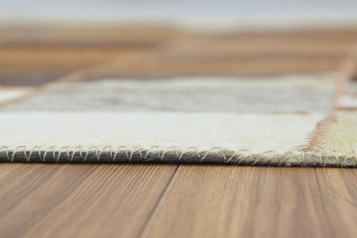 Deva Brown Handmade Leather Checkerboard Rug | Modern Patchwork Checkered Border Rug   7864582111381