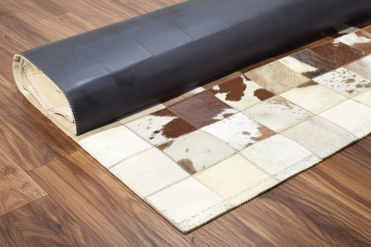 Deva Brown Handmade Leather Checkerboard Rug | Modern Patchwork Checkered Border Rug   7864582111381