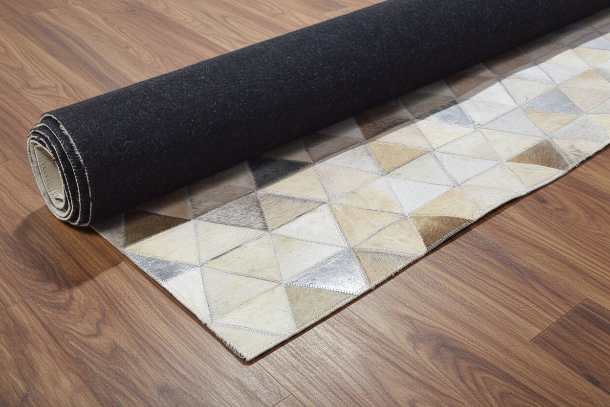 Devin Handmade Beige Leather Triangles Rug - Modern Patchwork Cowhide Area Rug   7864252858517