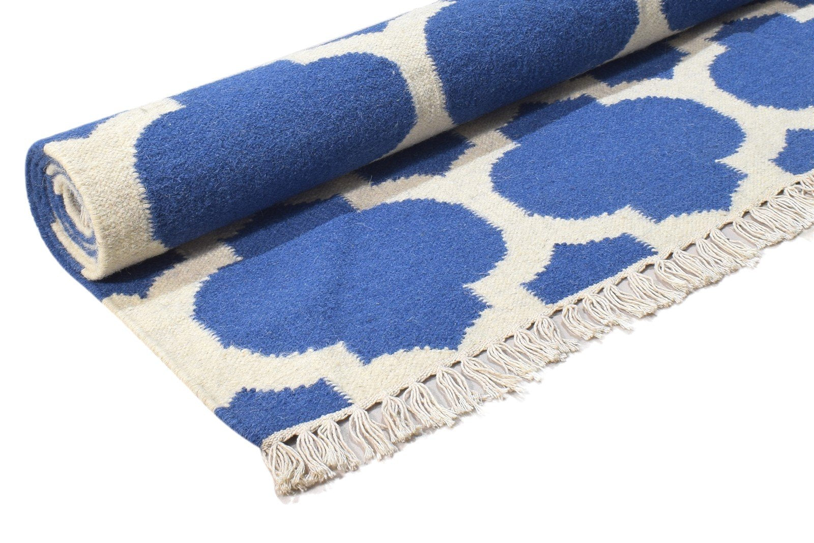 Dhurrie Blue Wool Rug 5' X 7' Modern Moroccan Trellis Room Size Carpet   7864375083157