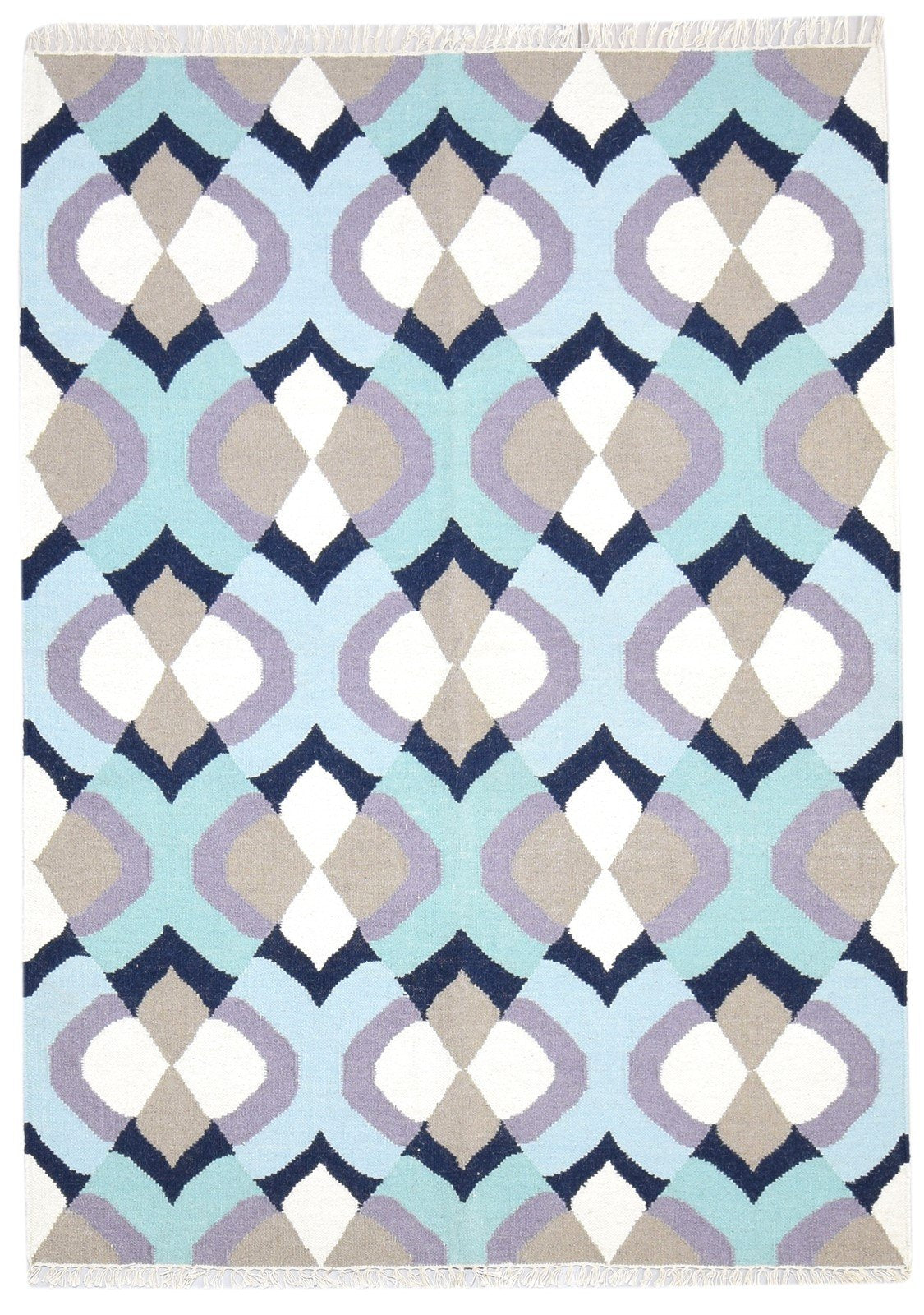 Dhurrie Blue Wool Rug 5' X 7' Modern Scandinavian Damask Room Size Carpet   7864351228053