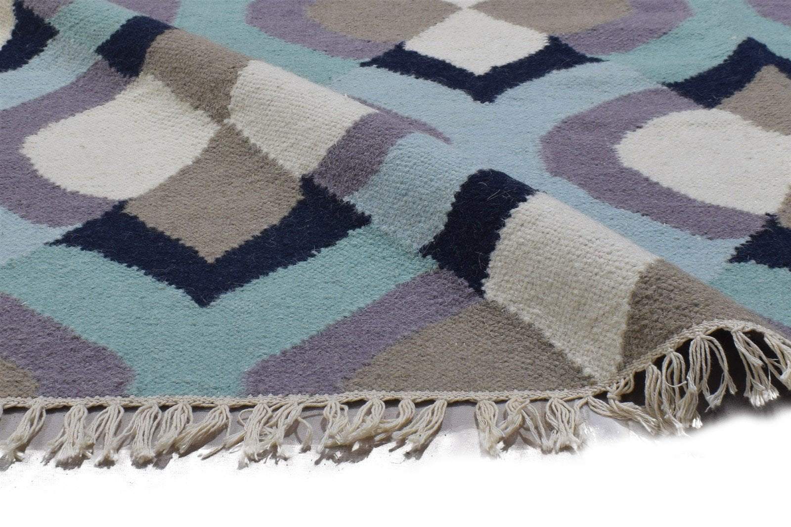 Dhurrie Blue Wool Rug 5' X 7' Modern Scandinavian Damask Room Size Carpet   7864351228053