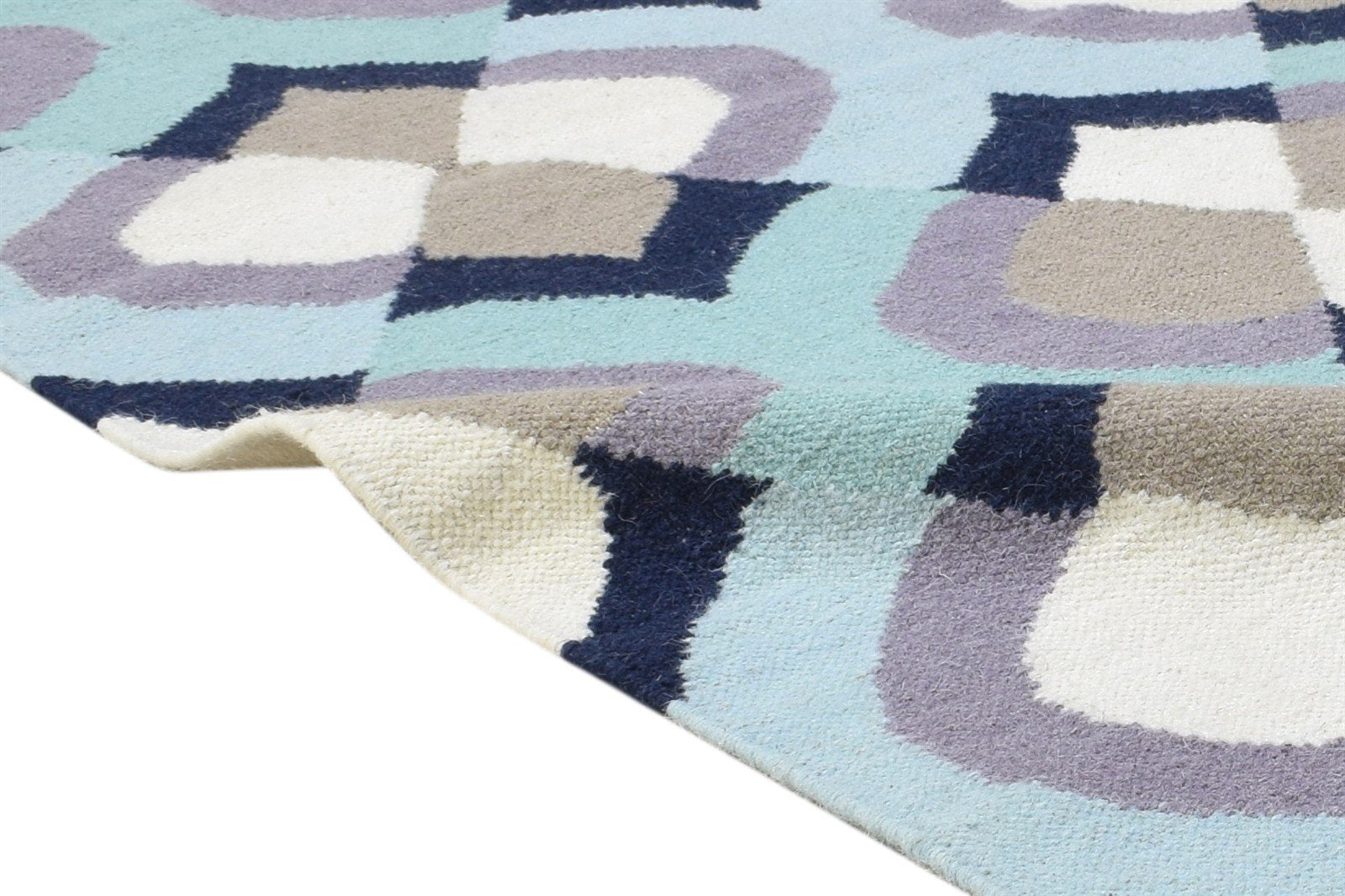 Dhurrie Blue Wool Rug 5' X 7' Modern Scandinavian Damask Room Size Carpet   7864351228053