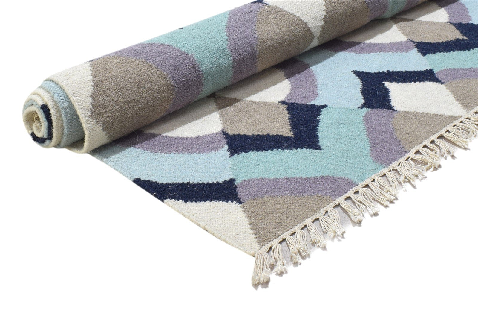 Dhurrie Blue Wool Rug 5' X 7' Modern Scandinavian Damask Room Size Carpet   7864351228053