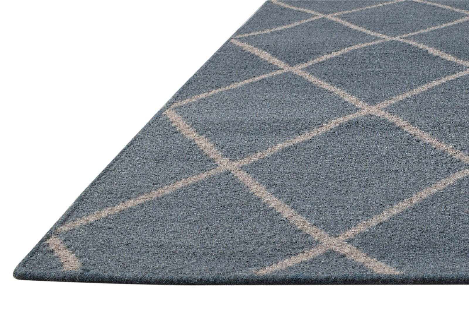 Dhurrie Blue Wool Rug 6' X 7' Modern Moroccan Diamond Large Carpet   7864815878293