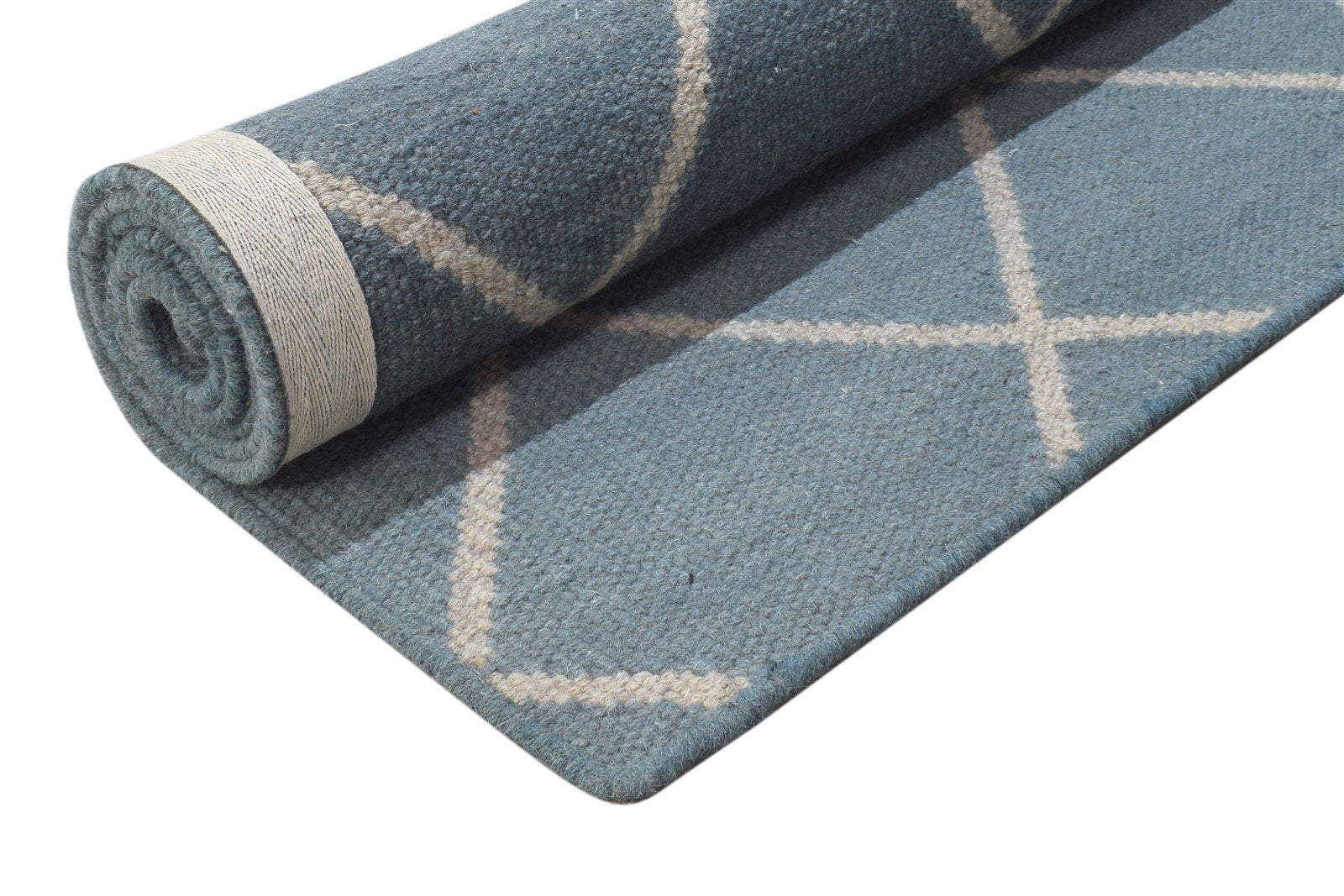 Dhurrie Blue Wool Rug 6' X 7' Modern Moroccan Diamond Large Carpet   7864815878293