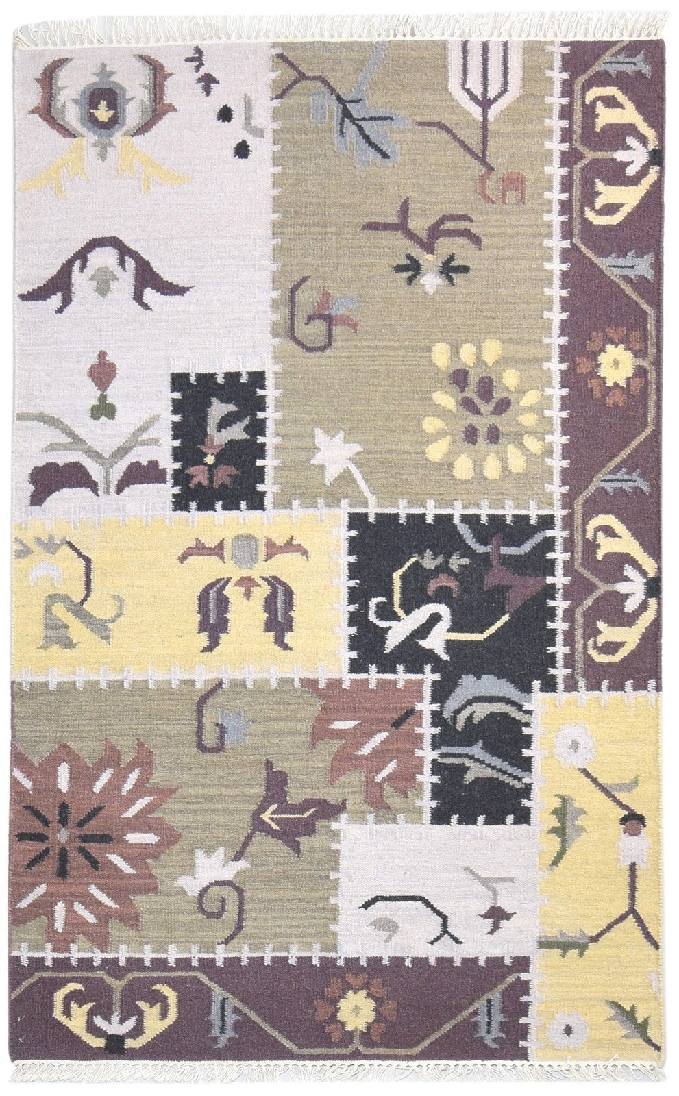 Dhurrie Brown Wool Rug 4' X 6' Modern Oriental Patchwork Room Size Carpet   7865081495701