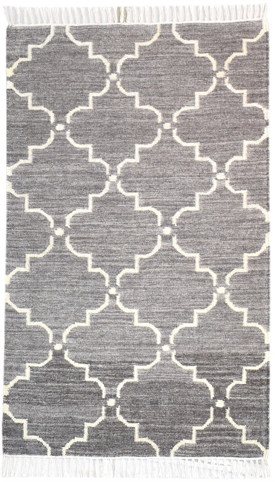 Dhurrie Grey Wool Rug 3' X 5' Modern Moroccan Scroll Tile Small Carpet   7865121505429
