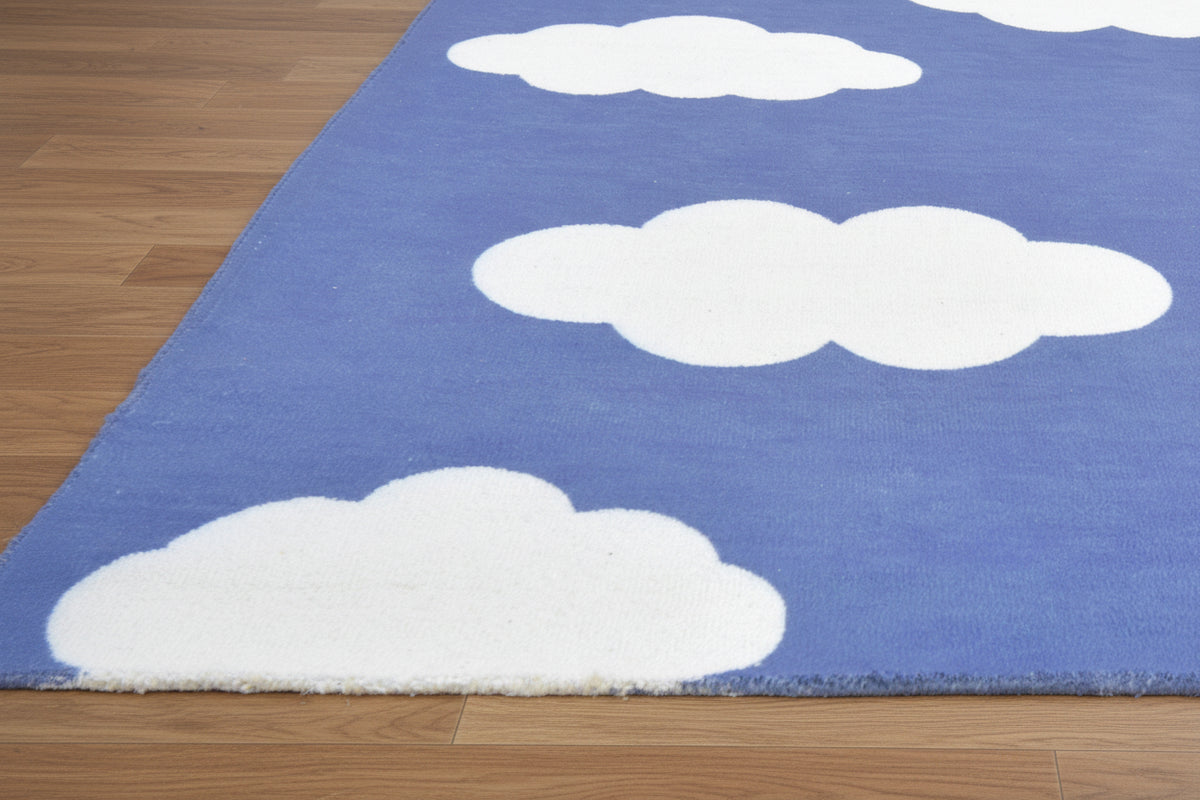 Dreamy Cloud Handmade Blue & White Kids Rug – Whimsical Nursery Area Rug