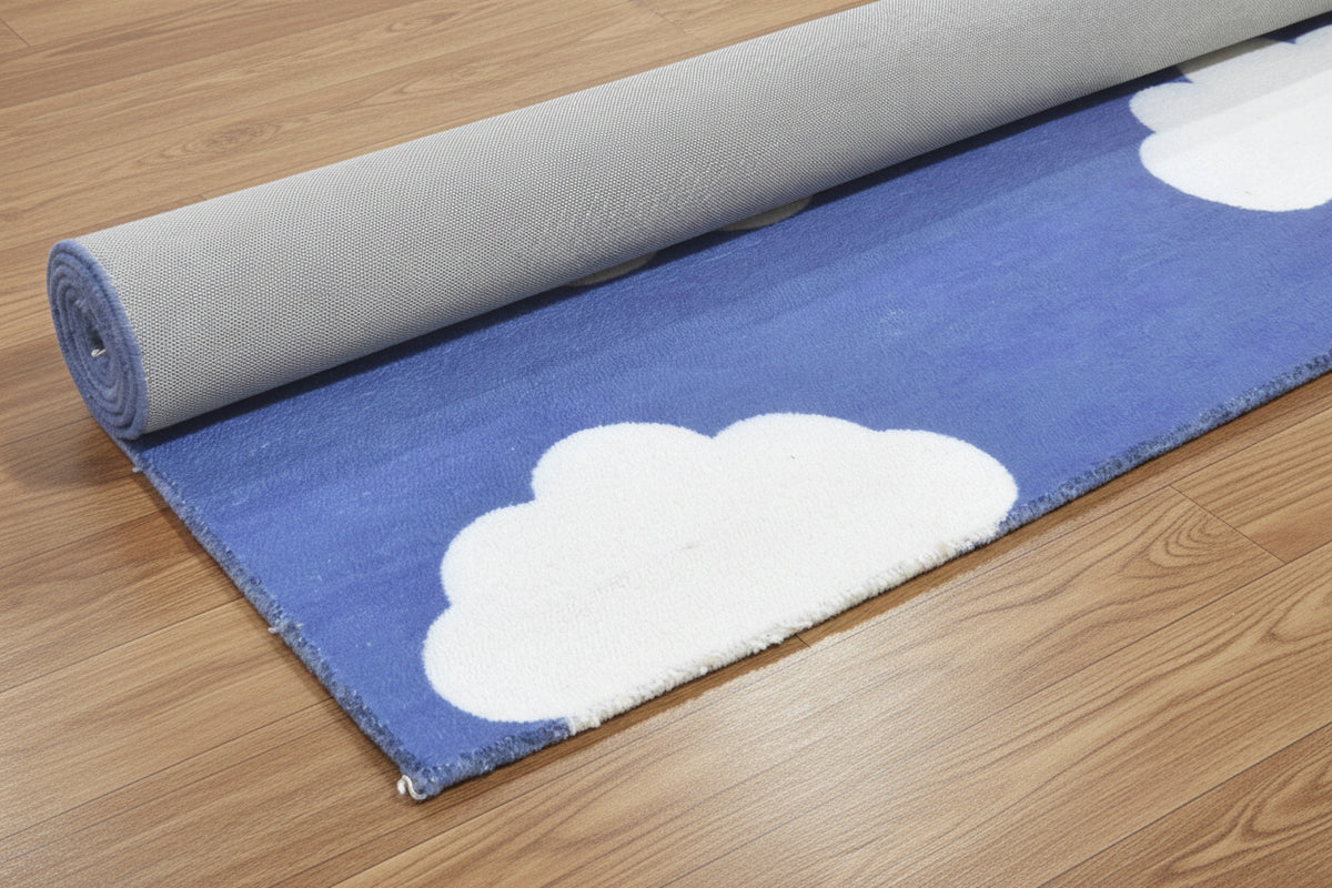 Dreamy Cloud Handmade Blue & White Kids Rug – Whimsical Nursery Area Rug