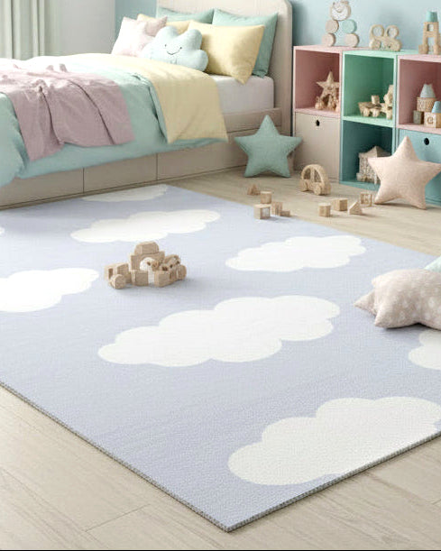 Dreamy Cloud Handmade Sky Blue & White Kids Rug – Whimsical Nursery Area Rug   9013474754709
