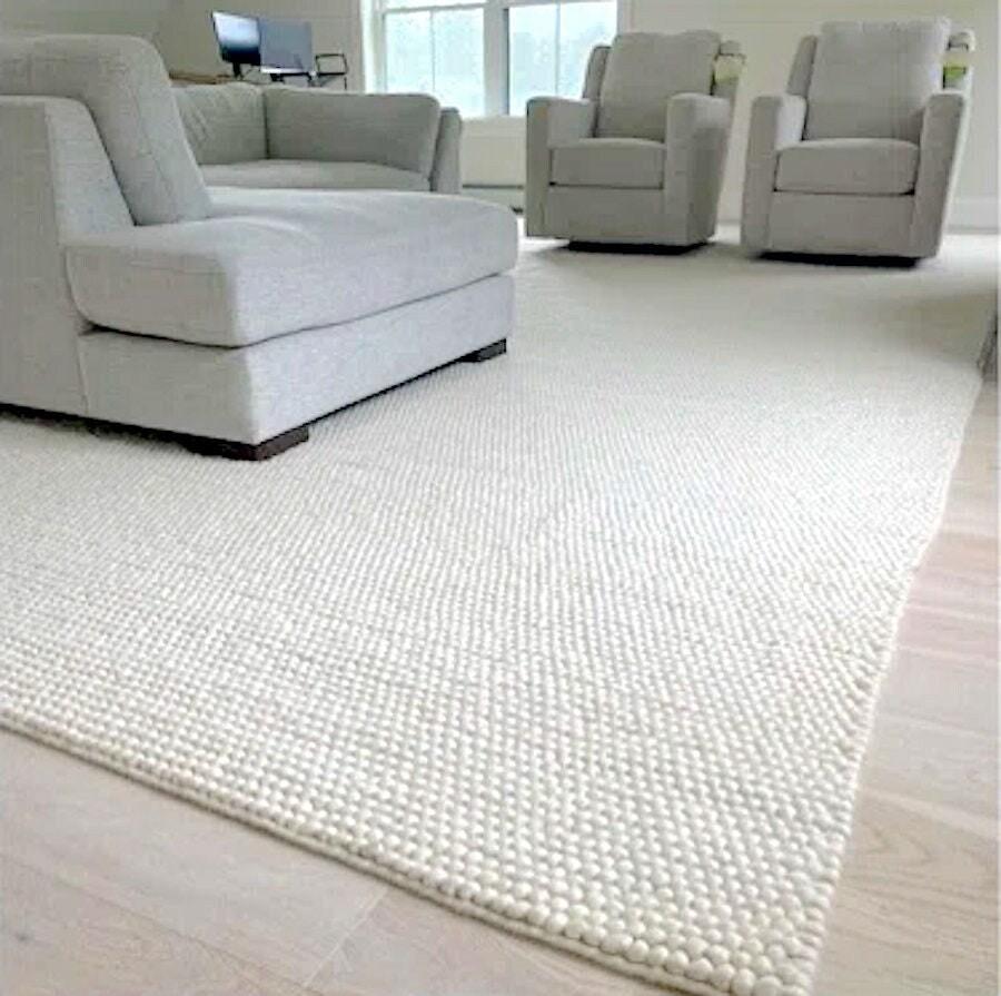 Hand Knitted Chunky Wool Area Rug, Plain Solid Ivory / Off White Rug,